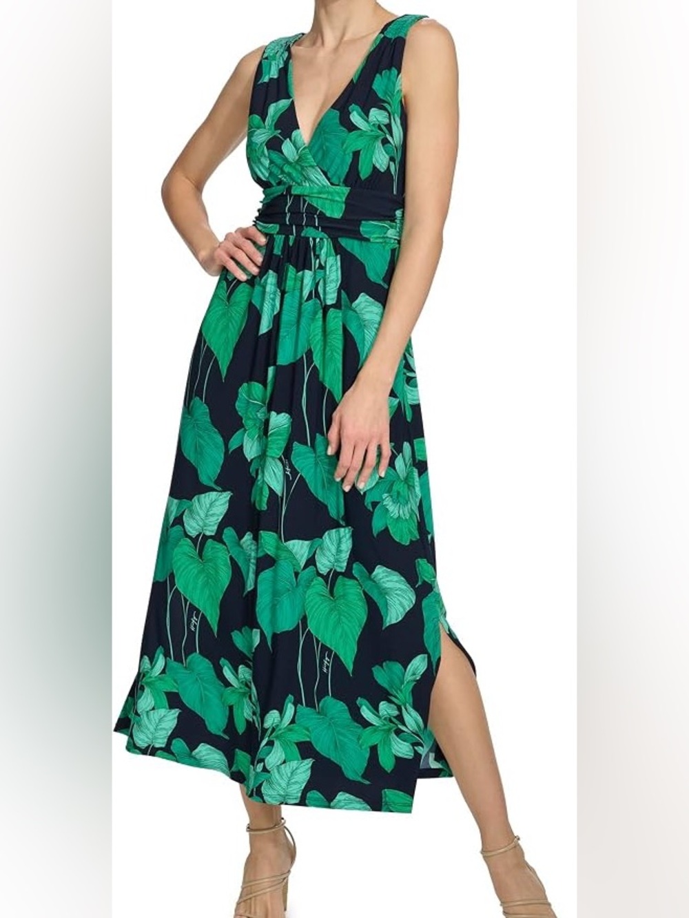 Tommy Hilfiger Navy Maxi Dress with Green Leaf Print, Flowy, Vacation, Tropical